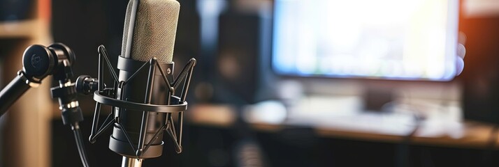 Podcasting studio for recording and livestreaming with computer, keyboard, mixer, microphone, and recording software