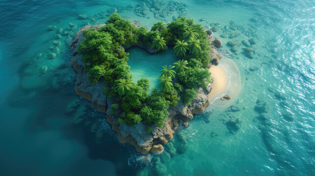 A breathtaking aerial view of an aqua-colored island, surrounded by a vibrant coral reef and abundant water resources, with trees arranged in the shape of a heart, showcasing the beauty of nature 