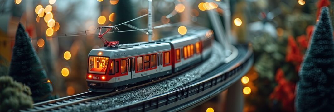 Toy train crossing bridge over lake on railroad tracks. Model train set concept