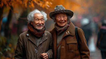 Fototapeta premium an elderly couple walking together in a park. They are both smiling and enjoying their time together.