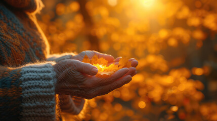An old woman embraces the changing season, cradling the vibrant colors of autumn in her hands