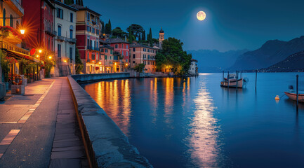 Amidst the tranquil lake, a city skyline glimmers under the moonlit sky as a lone boat glides through the calm waters, reflecting the beauty of nature and the serenity of a nighttime journey