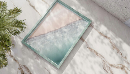 Poster frame with glass mockup closed on empty interior background, modern marble texture, 3d rendering