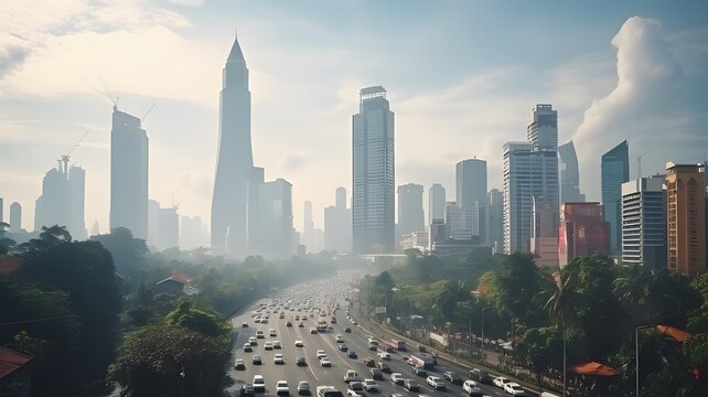 Daytime traffic on highway, street-level view, tower buildings in the background, busy urban life, cars in motion, city rush