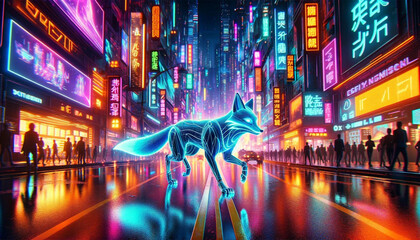 Neon wireframe fox on a vibrant cyberpunk city street with glowing billboards and reflective wet ground.