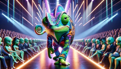 Poster Colorful chameleon with VR headset on a futuristic stage, audience of aliens. © Visionary Vistas