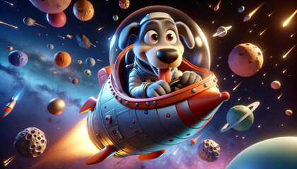 Excited dog in a spaceship exploring a galaxy with colorful planets and shooting stars.