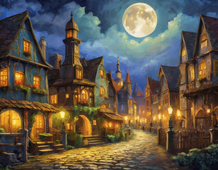 Dreamlike view of a medieval rich town with moonlight detailed baroque painting at night time