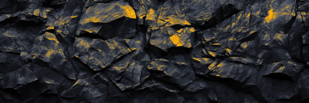 Panoramic black natural bold abstract rock background. Dark gold stone texture mountain close-up cracked banner design copy space