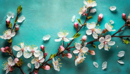 Obraz na płótnie Canvas Spring blossom on pink turquoise background, top view, frame