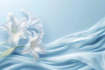 Fototapeta na wymiar light blue background with flowers, light blue background with flowers, Graceful white lilies rest upon a flowing blue fabric, their delicate beauty contrasting with the soft textile..
