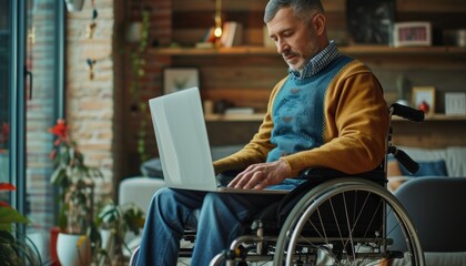 Obraz premium Man sitting wheel chair using laptop. Generative AI.