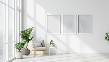 Mockup of an art gallery wall with rectangle landscape. Generative AI.