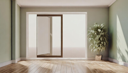 Poster frame with glass mockup closed on empty interior background, modern wooden floor texture, 3d rendering