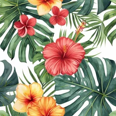 Foto op Plexiglas Tropical flowers, Palm leaves on white background, . Seamless patterns © fadillah