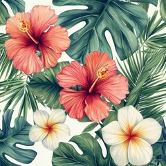 Obraz premium Tropical flowers, Palm leaves on white background, . Seamless patterns