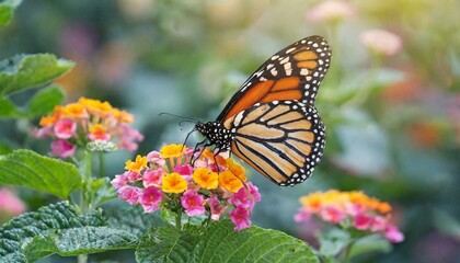Obraz premium Beautiful image in nature of monarch butterfly on lantana flower.