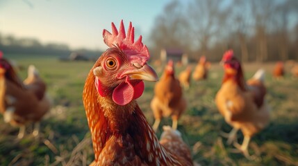 Close-up of a free-range hen with a vibrant red comb, standing alert in a farmyard as the morning sun illuminates the scene. - obrazy, fototapety, plakaty