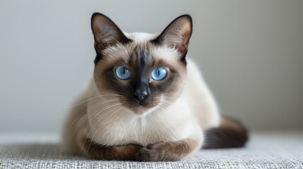 With a soft-focus background, this portrait showcases a Siamese cat with deep blue eyes and distinctive color points, radiating elegance and curiosity.