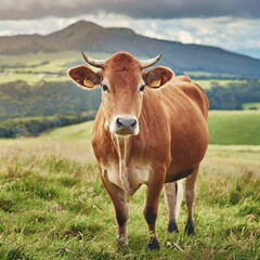 Cow, agriculture and farm landscape with grass, field of green and calm countryside nature.