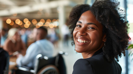Fototapeta na wymiar Smiling candid disabled african american businesswoman in a wheelchair at an inclusive work meeting. Copy space. AI generated