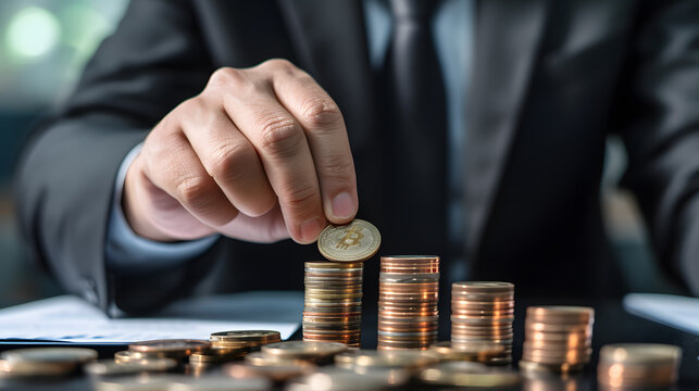 A businessperson making a risky investment, with the potential for both great reward and great loss. Businessman putting a coin into a stack of coins.