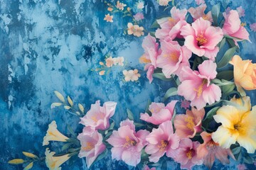 Obraz na płótnie Canvas pink and yellow spring flowers on blue background Generative AI