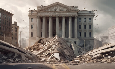 Bank collapse. A bank or financial institution, going down failing or collapsing - obrazy, fototapety, plakaty