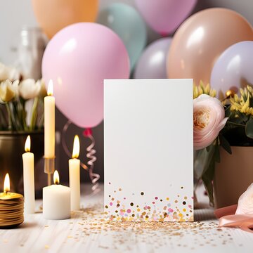 Blank birthday Card mockup template on pastel decoration cake, candle and balloon, for poster, inivitation 
