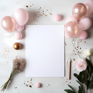 Blank Card mockup template on pink decoration With balloon
