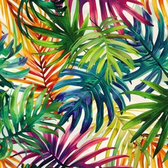 Colored Palm leaves, tropical background, hand drawn watercolor botanical painting. Seamless pattern, jungle wallpaper