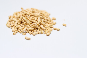 Dried soy bean meat mince pile on white background