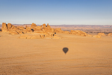Arid landscape in the Saudi Arabian desert, seen from a hot air balloon.
