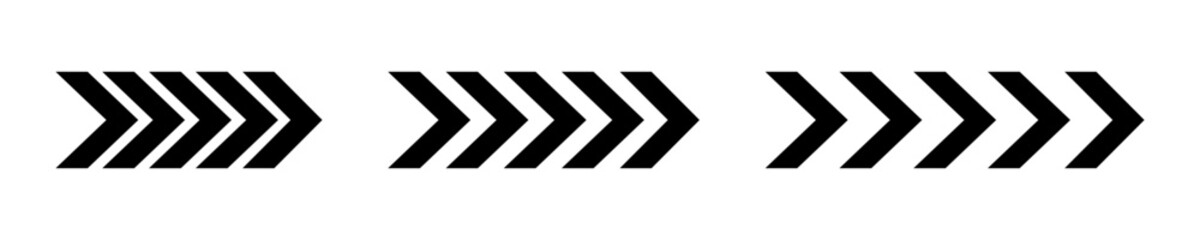 Set of black chevron arrows. Repeated V shaped stripes. Road caution, army, military, navigation signs isolated on white background. Pointer, next, downloads symbols. Vector graphic illustration.