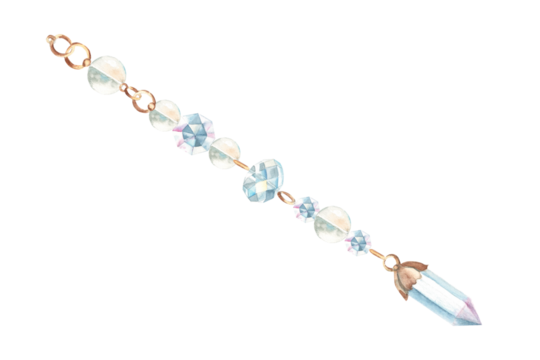 Jewelry thread or string with crystals, beads, gold rings and quartz crystal isolated on white background. Hand drawn watercolor illustration. Design element for decoration, dream catcher, cards and