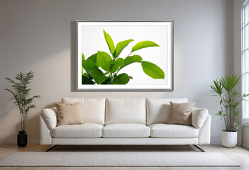 Poster over a white sofa with a frame in a minimalist zen living room. 
