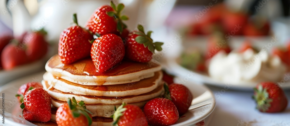 Poster foreground table displaying pancakes topped with strawberries.