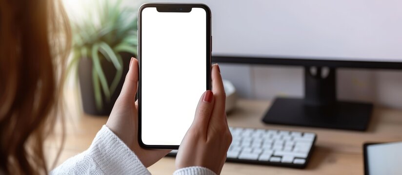 Woman holding mobile phone with blank desktop screen for mock up template. AI generated image