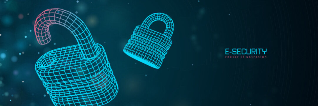 Futuristic cybersecurity vector illustration. Wireframe locks on blue blur background. Padlock technology, cybersecurity, and digital connection.