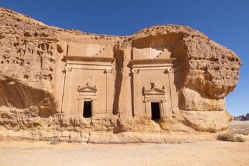 Nabatean rock cut ruins at the Hegra archaeological area.