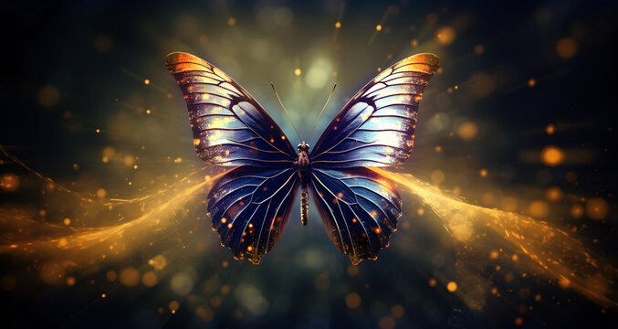 Beautiful deep blue ethereal  butterfly on gold  - butterfly metaphor for passing over into the light, dark bokeh background and copy space ideal for a spiritual theme wall art canvas
