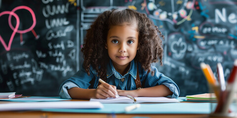 Beautyful black litle girl sittin listening and looking at the camera at the school with blackboard background big blue eyes, classroom