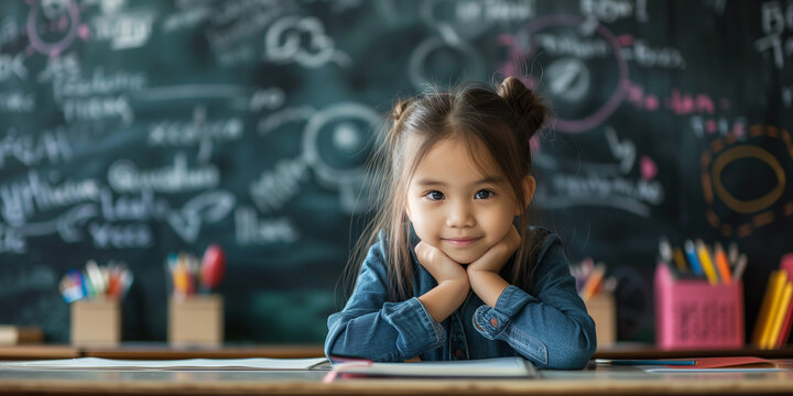 Beautyful asian litle girl sittin listening and looking at the camera at the school with blackboard background big blue eyes, classroom