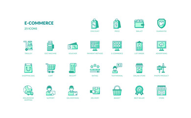 E commerce online shopping shipping and delivery detailed green color filled line icon set