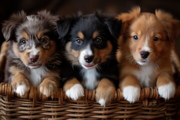 Three adorable puppies of unknown breed sit closely together inside a small basket, displaying their companionship and youthful charm.