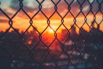 A beautiful sunset can be seen through a chain link fence, casting striking shadows and creating a unique visual effect.
