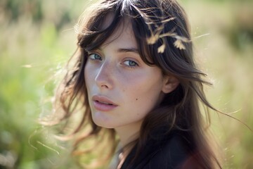 Naklejka premium A woman with flowing locks of hair stands confidently in a vast open field, surrounded by natures beauty.