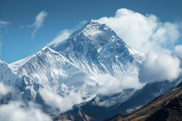 Fototapeta premium A stunning photo of a towering snow-covered mountain with billowing clouds in the foreground, creating a captivating contrast between the stark landscape and the ever-changing sky.