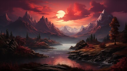 A tranquil river flows through a mountainous landscape under a sunset sky with the moon rising