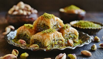  Turkish pistachio baklava close shot. Horizontal composition. 